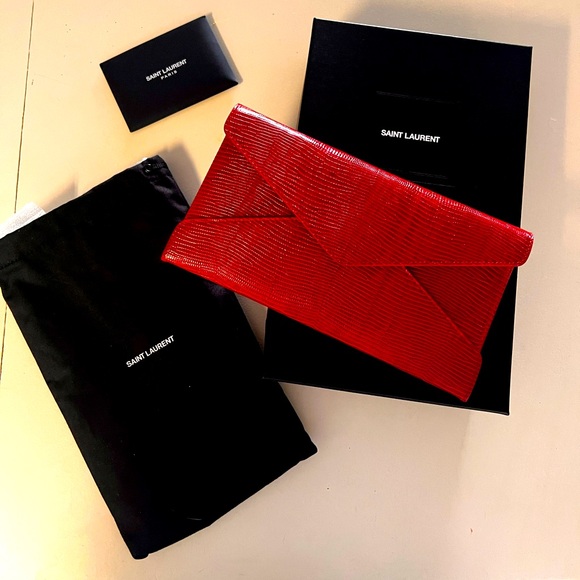 Brand New: Yves Saint Laurent Red Paloma Lizard Embossed Leather Clutch - Picture 3 of 11